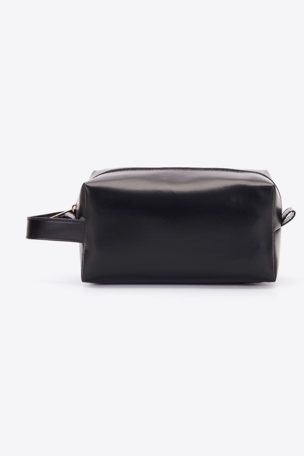 Black vegan leather makeup bag with top zipper and side carry handle