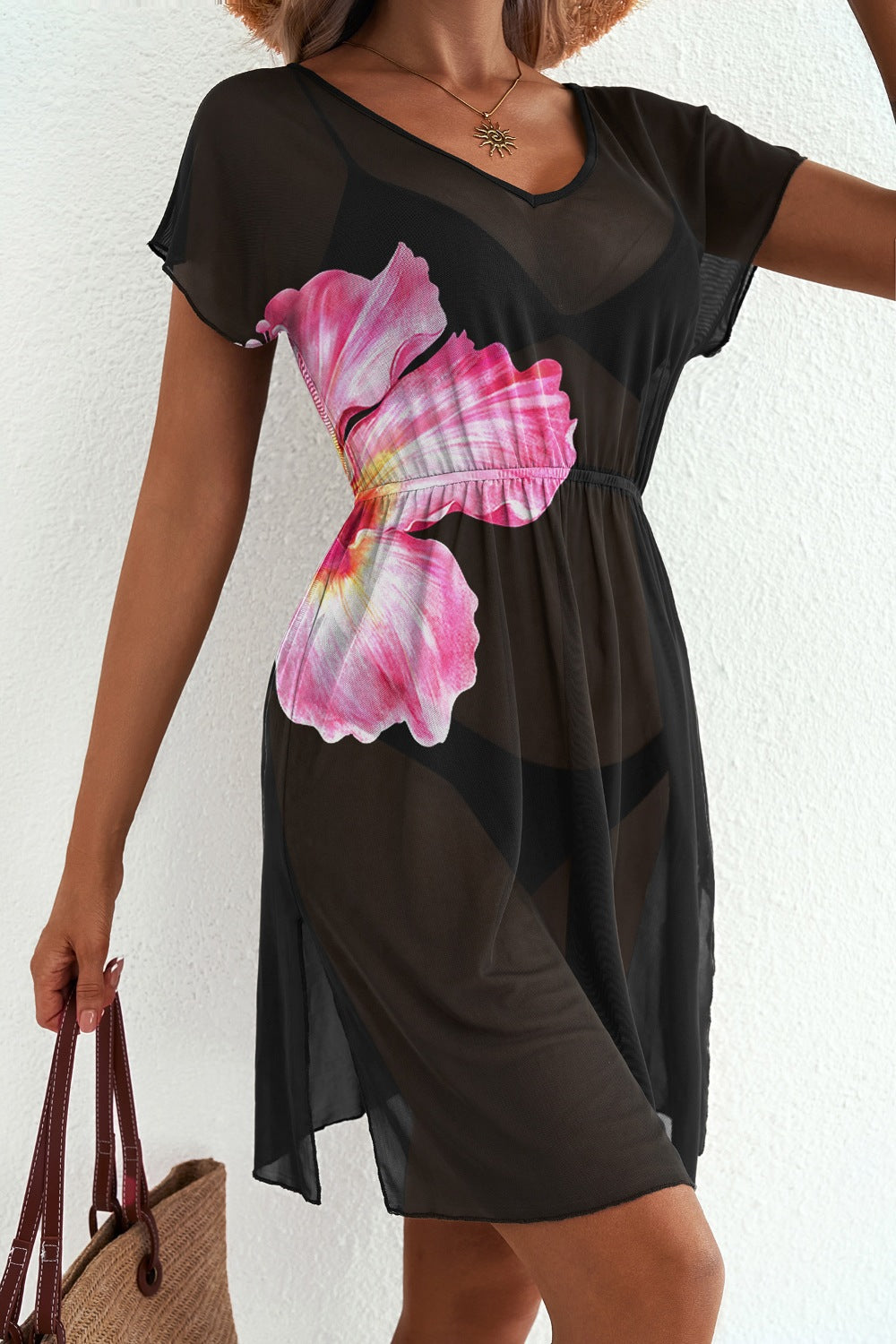 Cedar & Moore floral print V-neck semi-sheer beach cover-up dress in black with pink hibiscus pattern