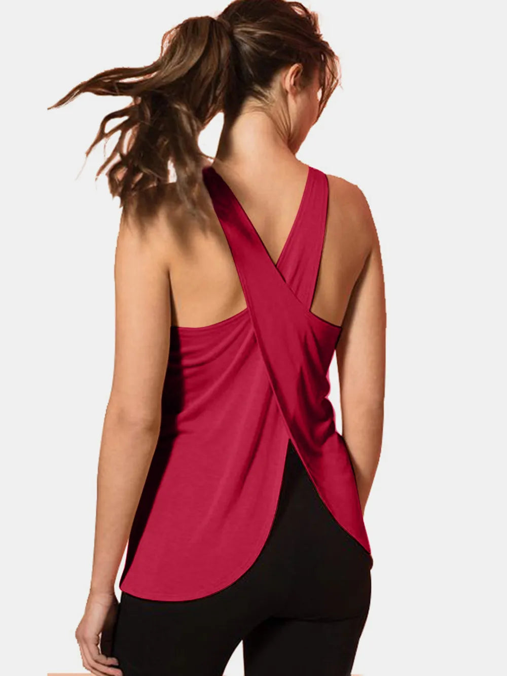 Burgundy crisscross back scoop neck active tank top