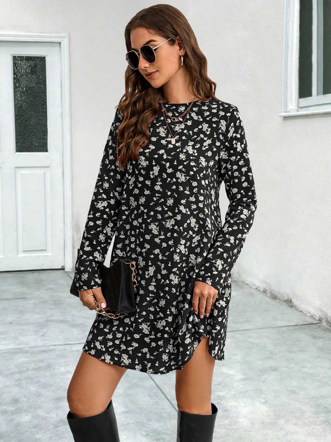 Black floral long-sleeve mini dress with round neck and flared A-line hem