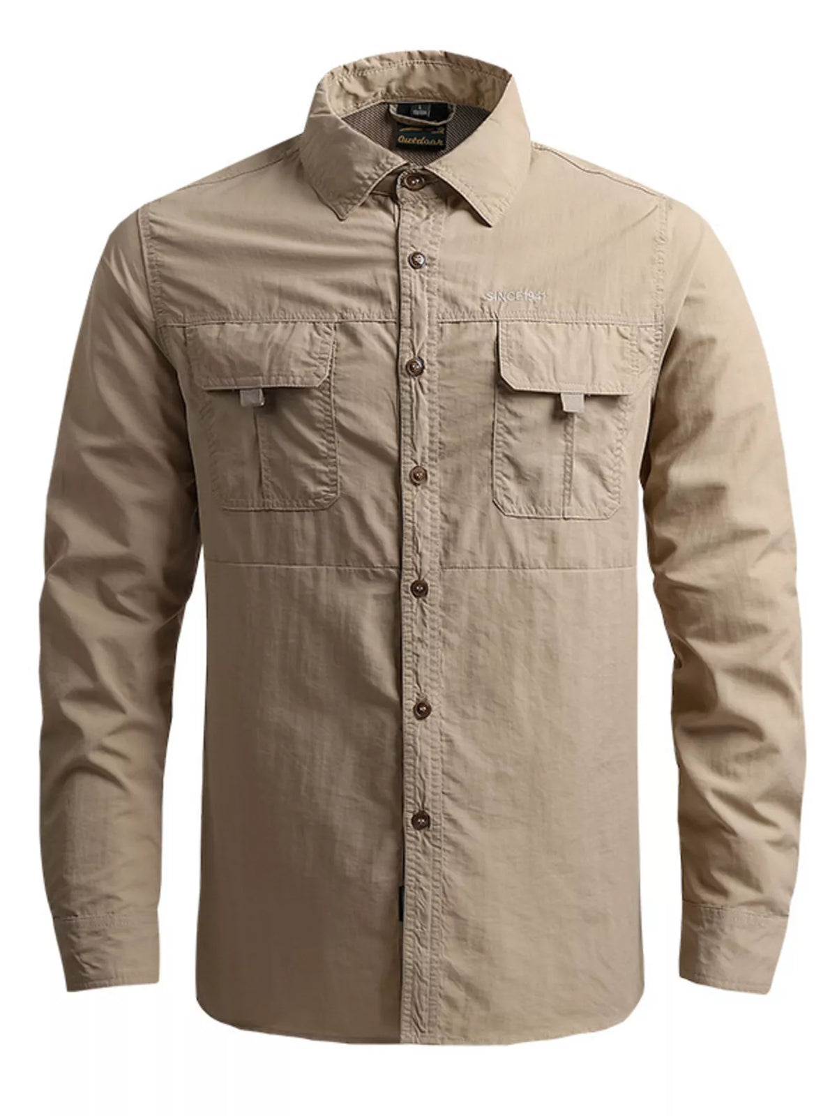 Khaki men's long-sleeve cotton shirt with button front and two chest pockets