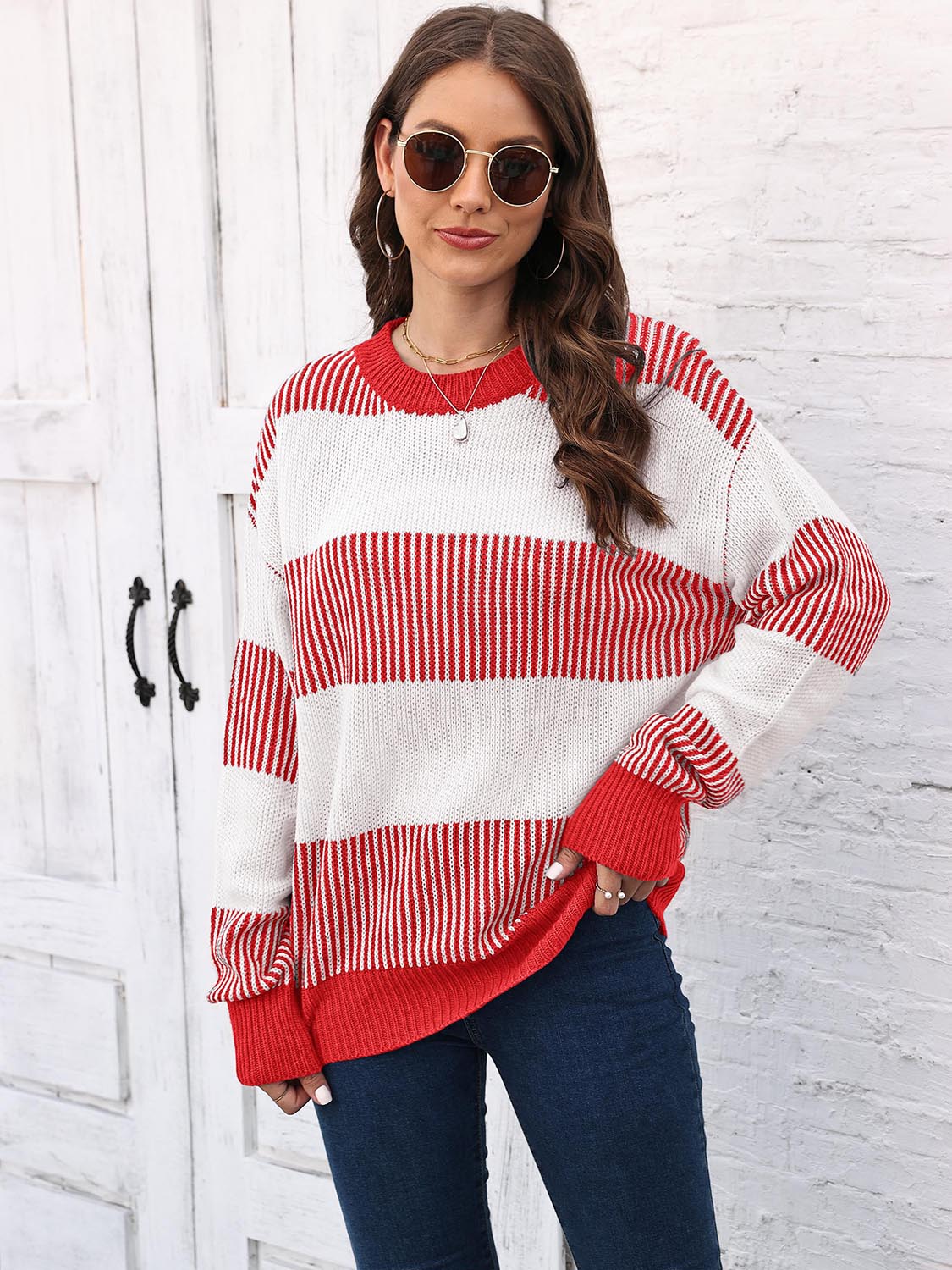 Striped knit sweater with round neck, drop-shoulder long sleeves in red and white