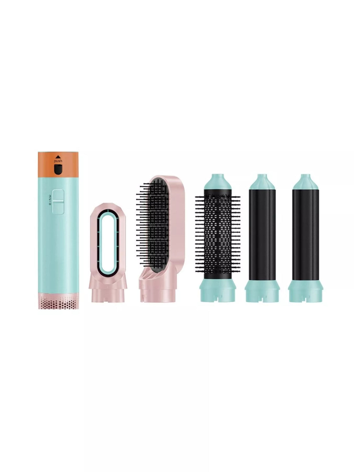 Interchangeable curling wand set with teal handle and three brush heads, plus pink tool