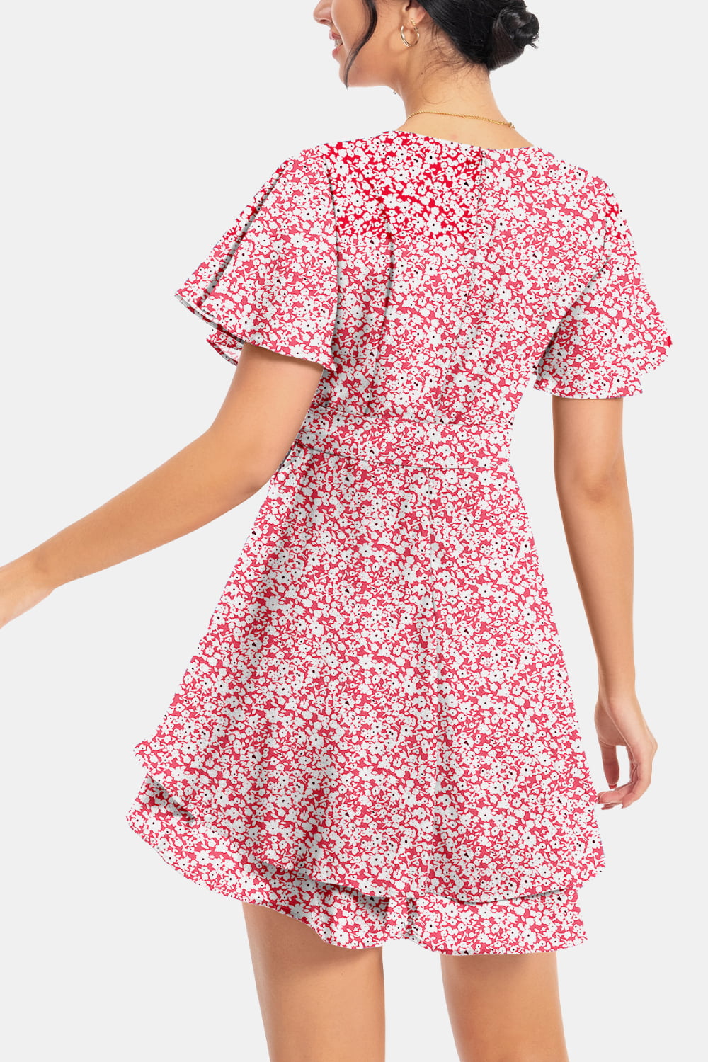 Red floral surplice mini dress with flutter sleeves and short tiered skirt