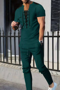 Men's casual two-piece pants set, dark green short-sleeve top with lace-up detail and jogger pants