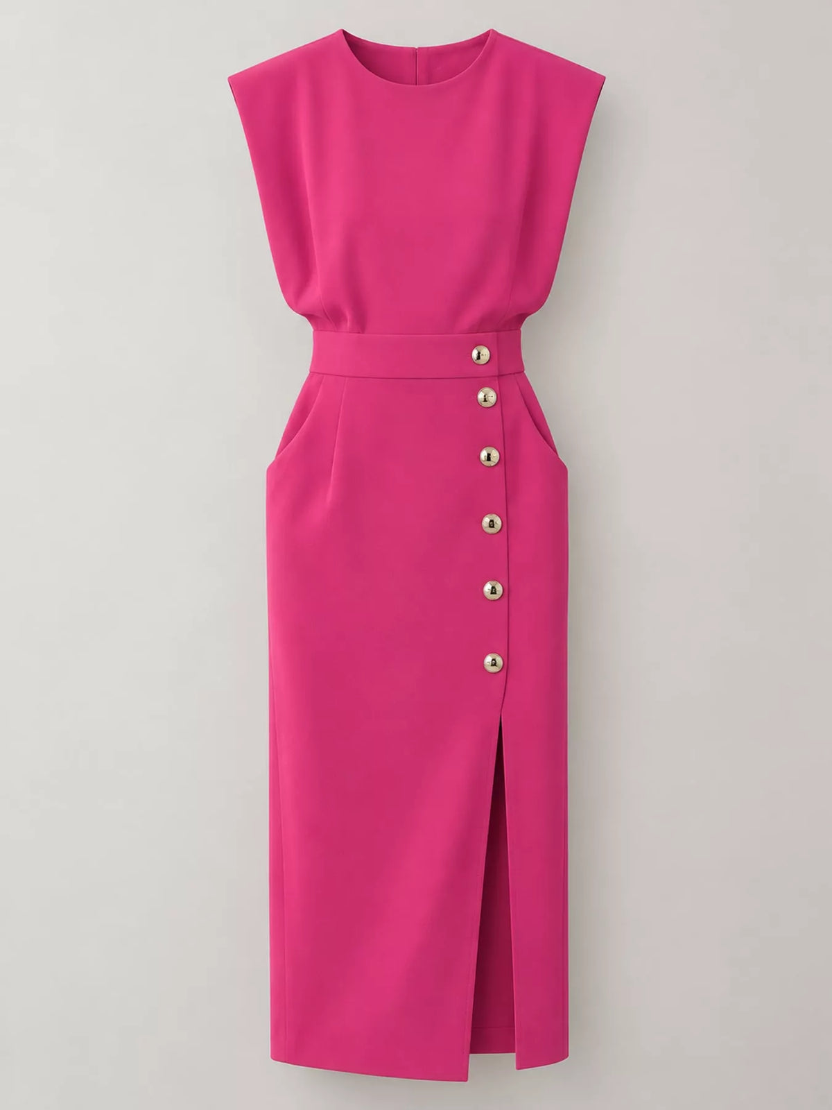 Pink sleeveless midi dress with gold buttons and front side slit
