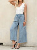 Contrast striped wide-leg pants in light blue with elastic waist and patch pockets