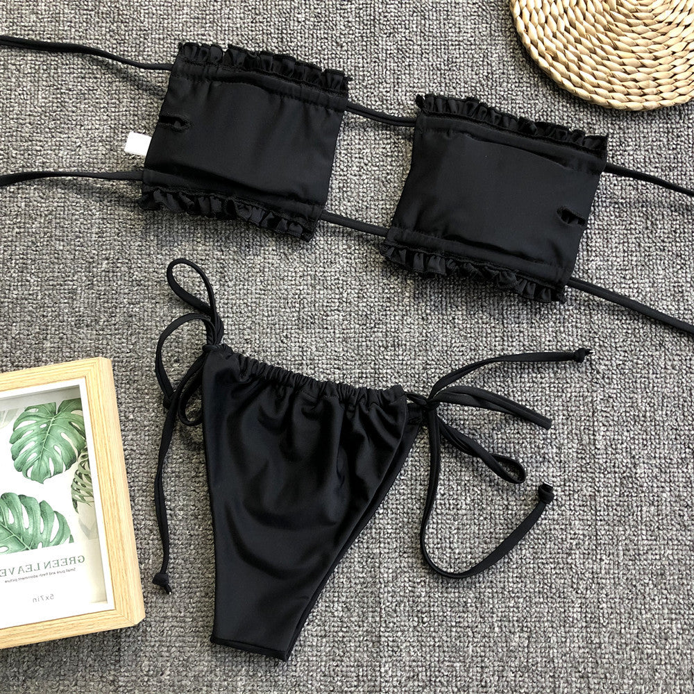 Black ruched frill-trim bikini set with bandeau top and tie-side bikini bottoms