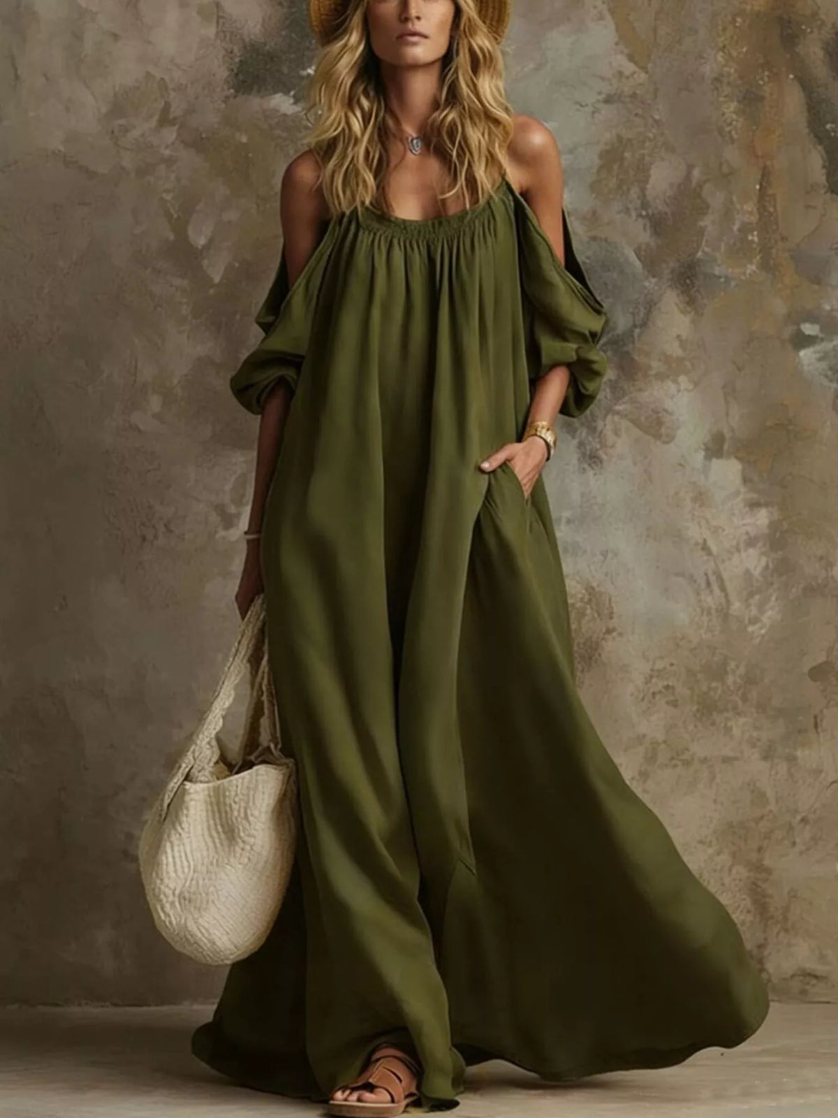 Army green linen cold-shoulder maxi dress with gathered neckline and side pockets