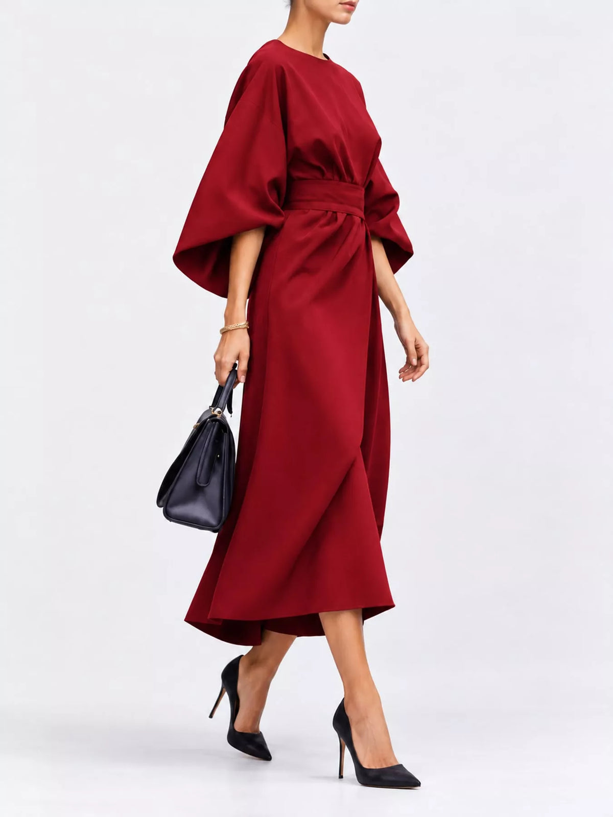 Deep red kimono-sleeve belted midi dress with high waist and gathered tie belt.