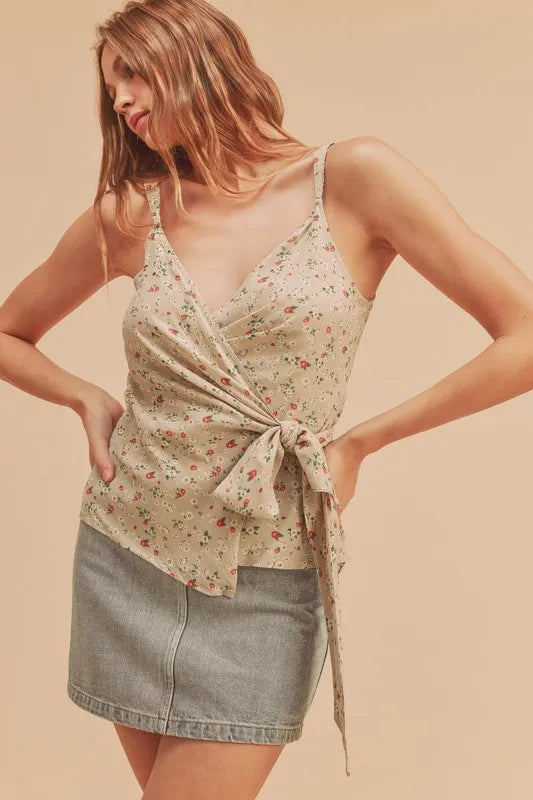 Ditsy floral surplice cami with adjustable straps and long waist tie sash