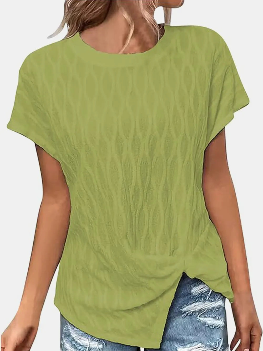 Round-neck short-sleeve T-shirt in yellow-green, draped front and crew neckline