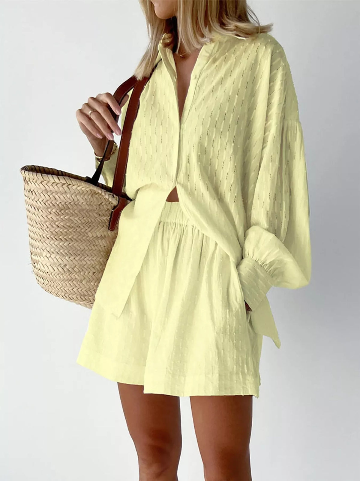 Lemon textured cotton button-down shirt and shorts set with long sleeves