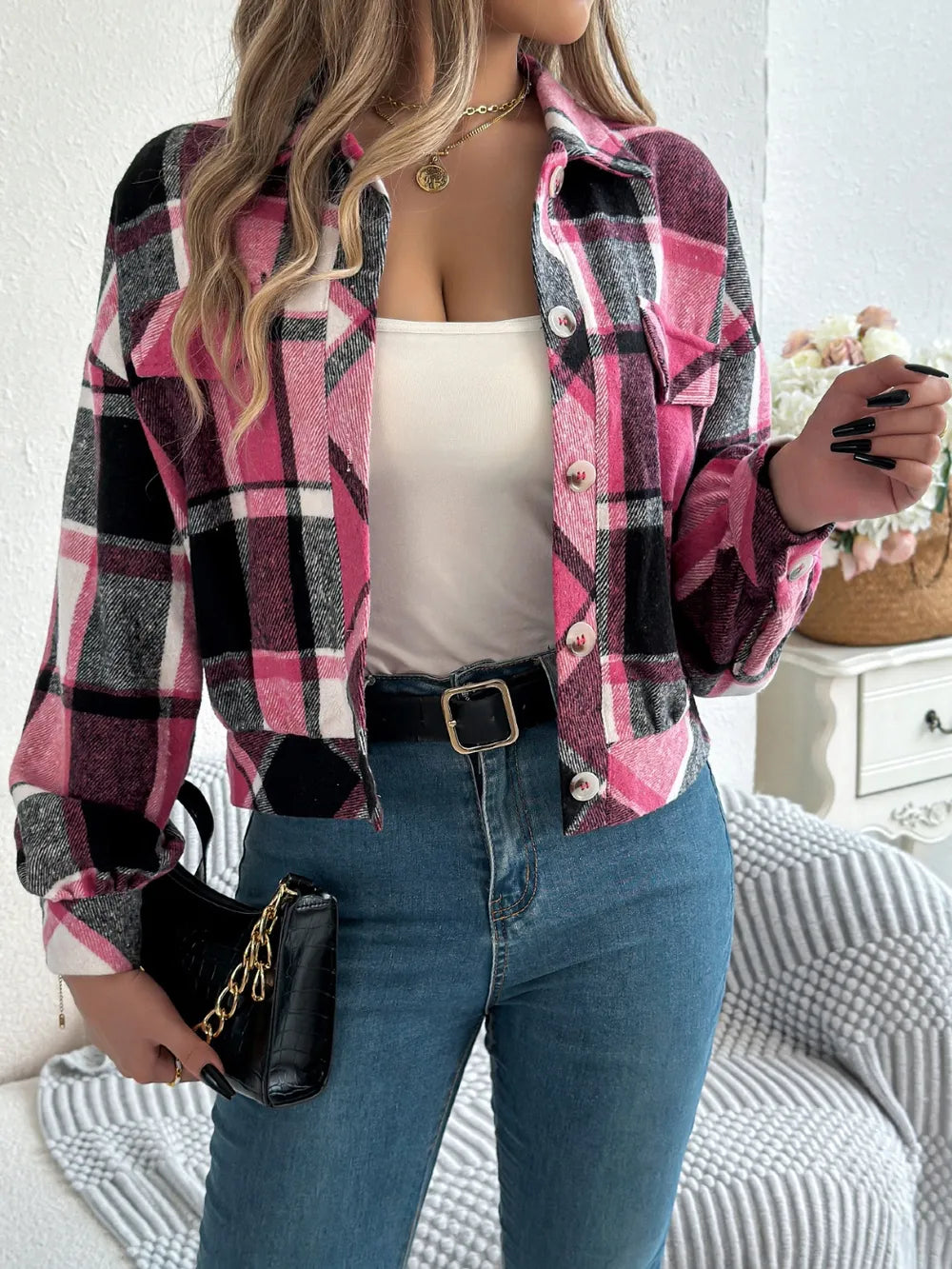 Plaid button-up long-sleeve jacket, pink and black checks, chest pockets and button front