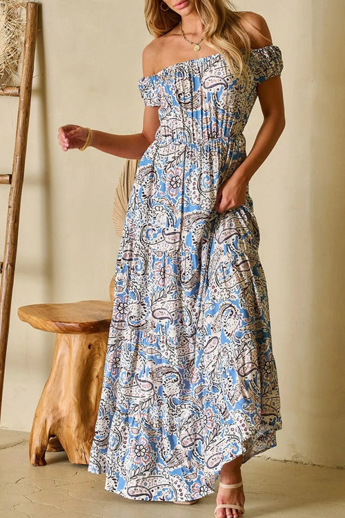Dusty blue paisley off-shoulder maxi dress with tiered skirt and elastic neckline