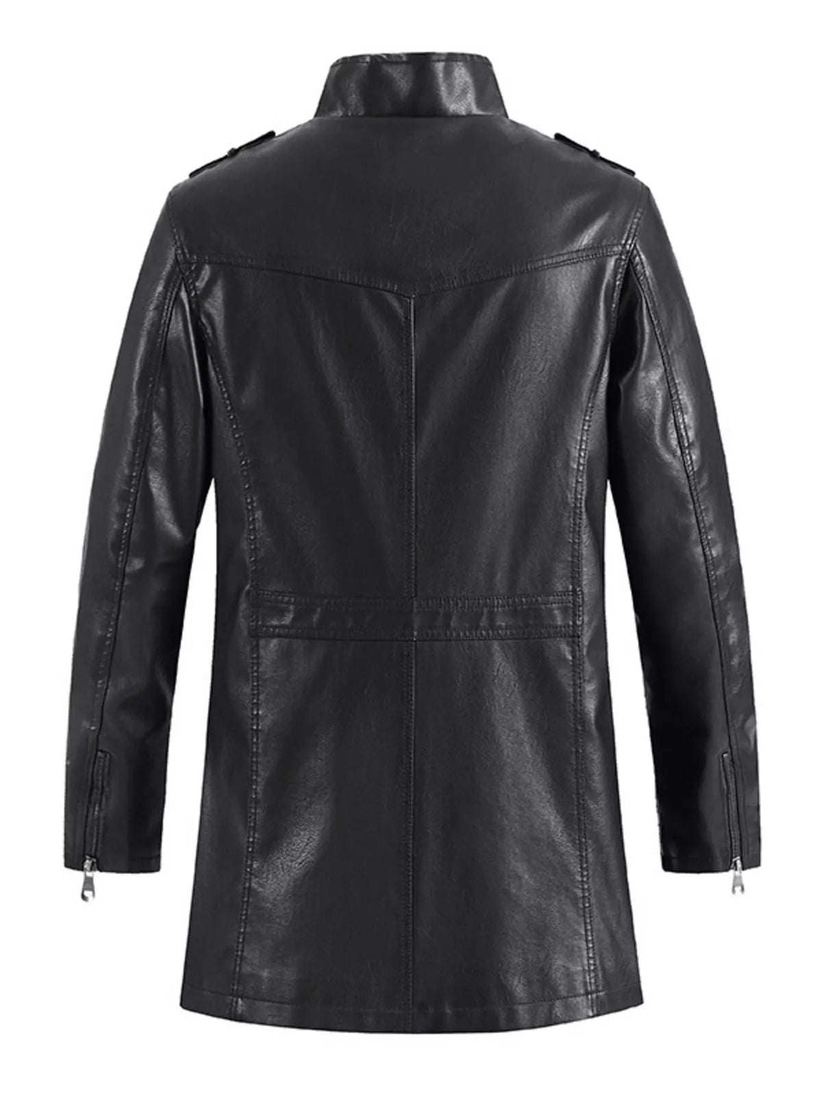 Men’s black zip-up vegan leather jacket back view with two side zips