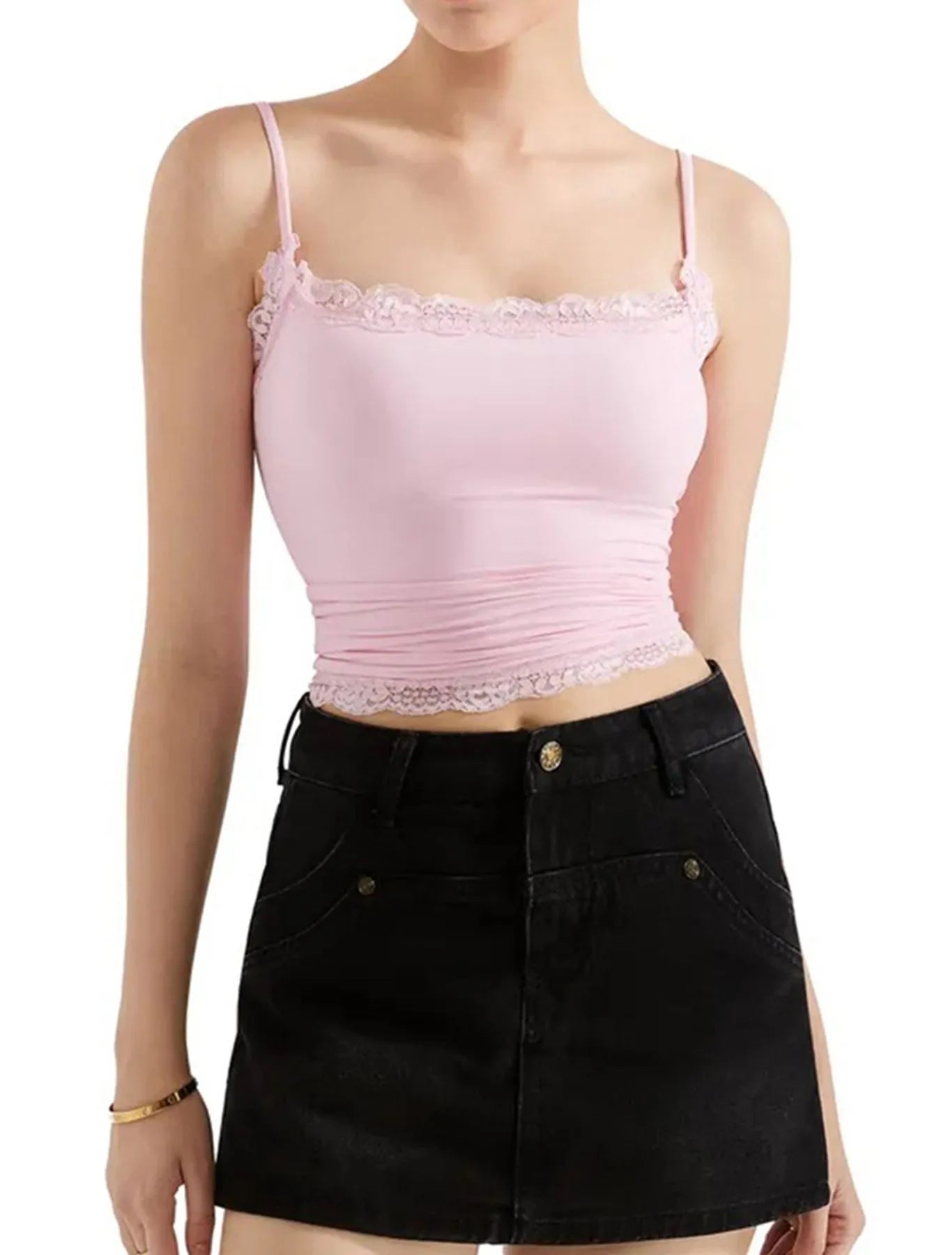 Pink lace-trim cami top with ruched waist and spaghetti straps