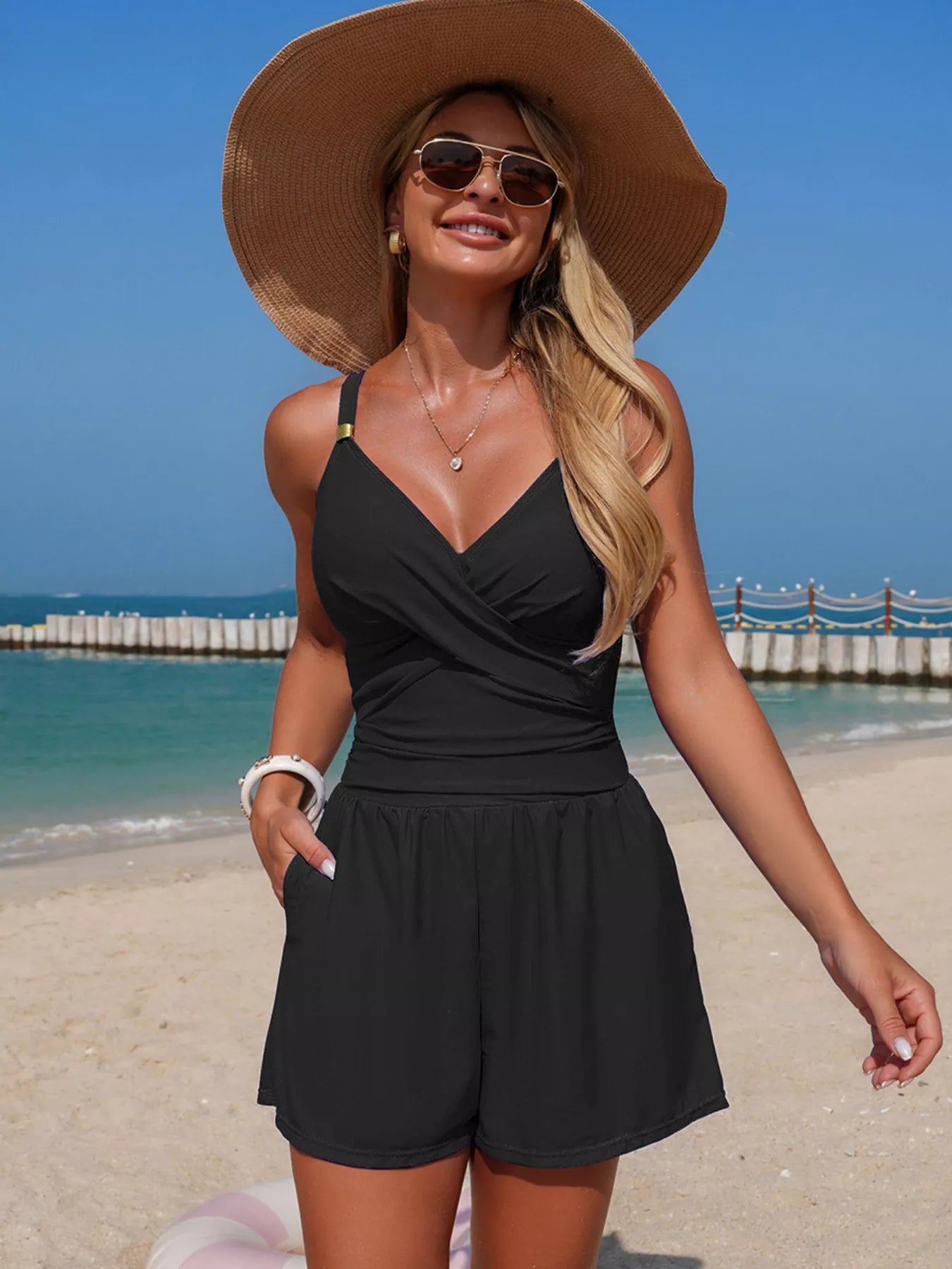 V-Neck spaghetti-strap one-piece swimsuit, black, pocketed chest by Trendsi
