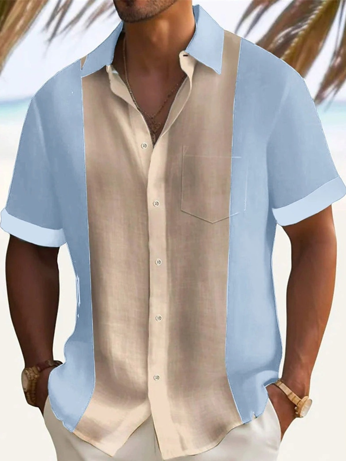 Men's light blue color block short-sleeve cotton shirt with button front, collar, chest pocket