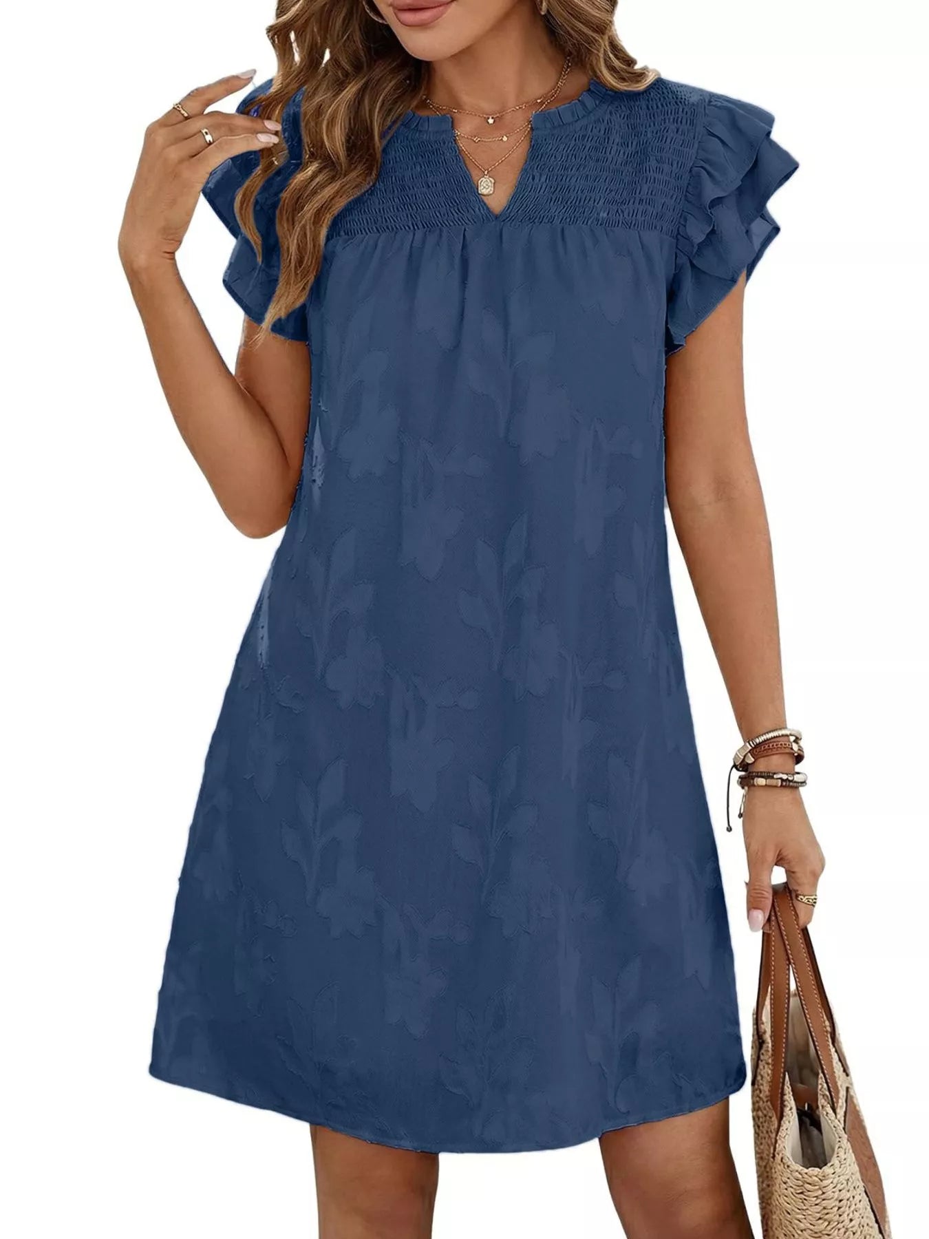 Floral embossed ruffle-sleeve mini dress in blue with smocked bodice