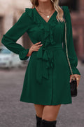 Green V-neck belted dress with ruffled flounce sleeves