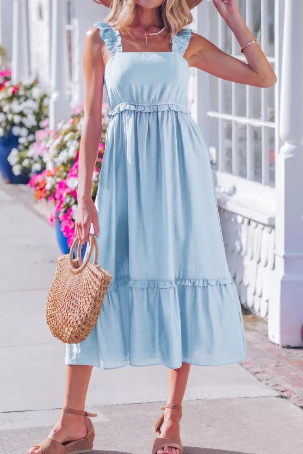 Cedar & Moore Solid light blue ruffle-trim high waist sleeveless dress