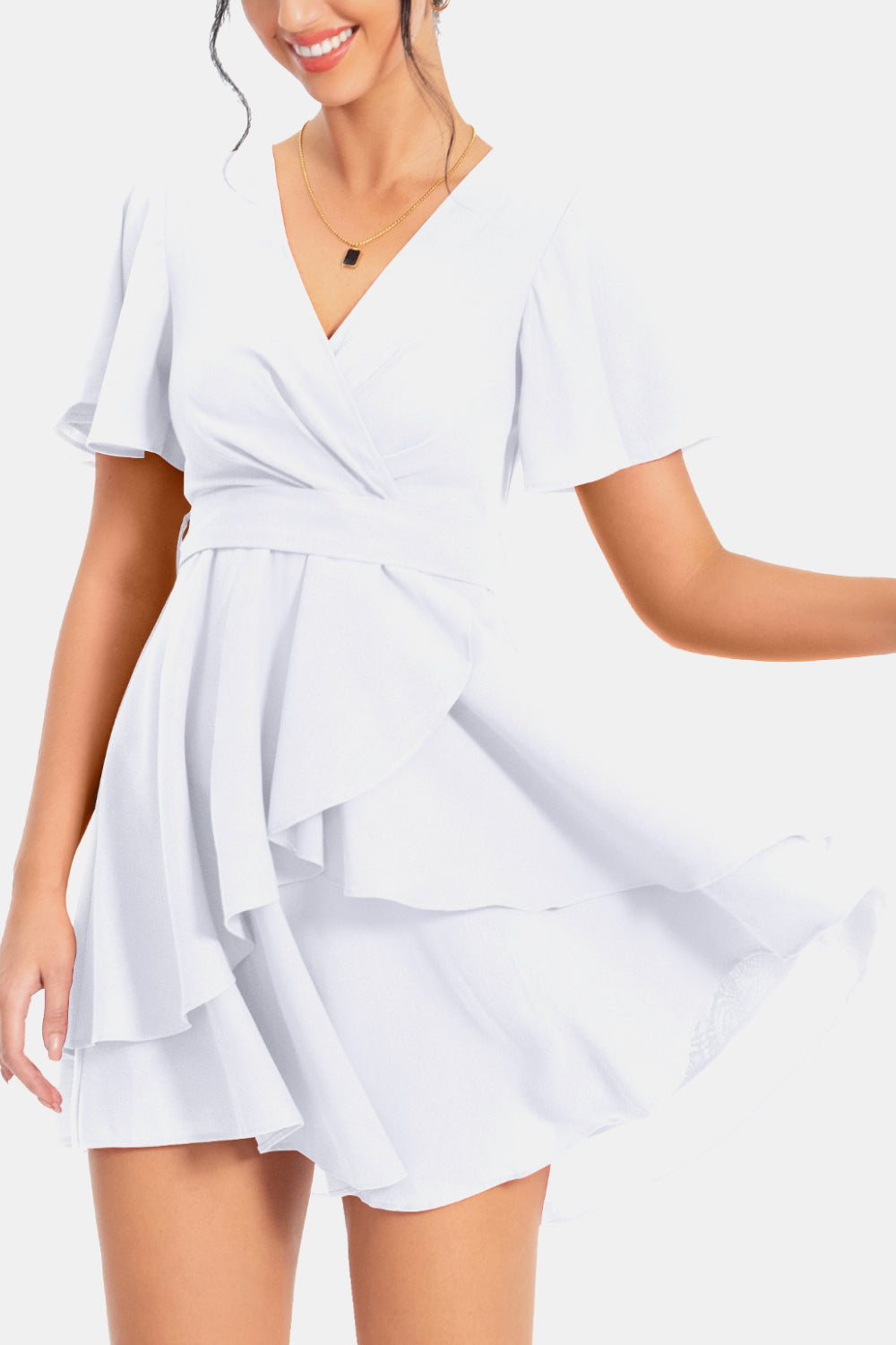 White surplice V-neck flutter sleeve mini dress with layered ruffle skirt
