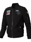 Black men's zip-up long sleeve jacket with snap pockets and embroidered chest patches