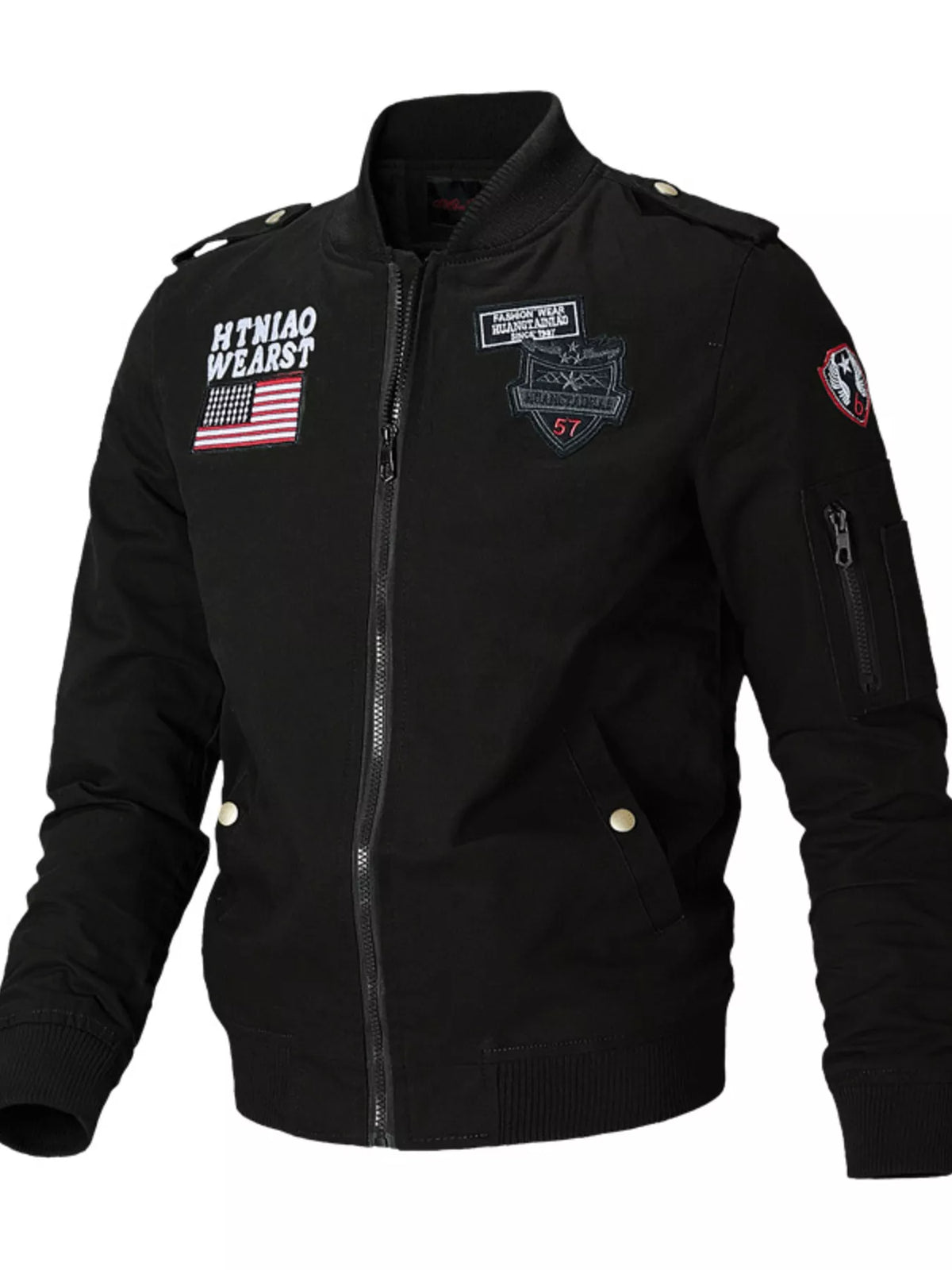 Black men's zip-up long sleeve jacket with snap pockets and embroidered chest patches