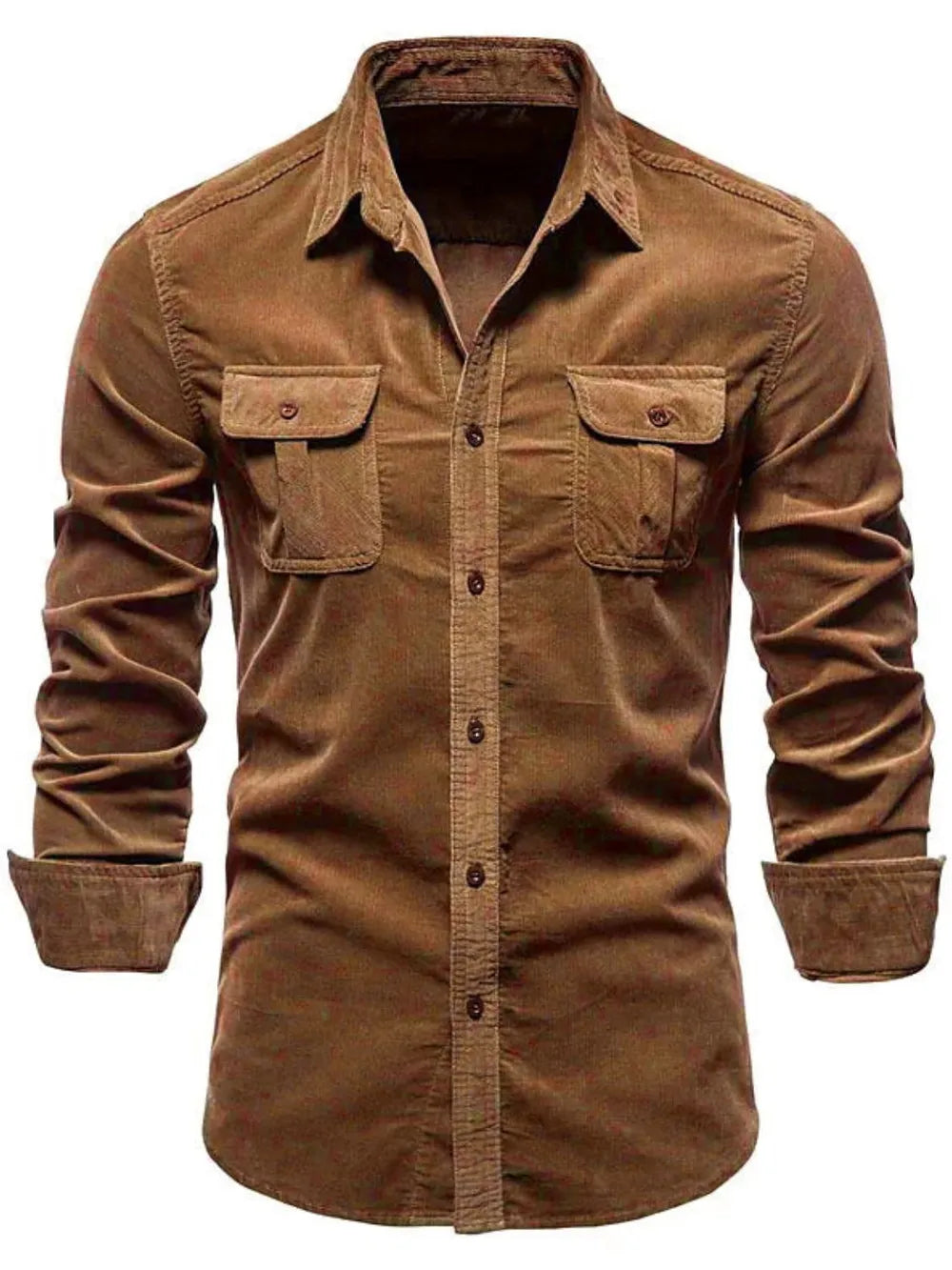 Men's collared button-down shirt with two chest pockets, long sleeves (caramel brown)