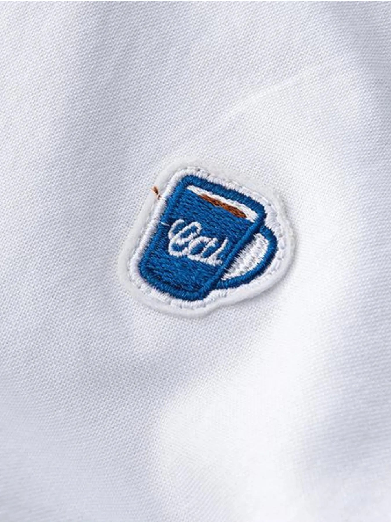 Plus size button-up long sleeve shirt, blue embroidered logo on white chest