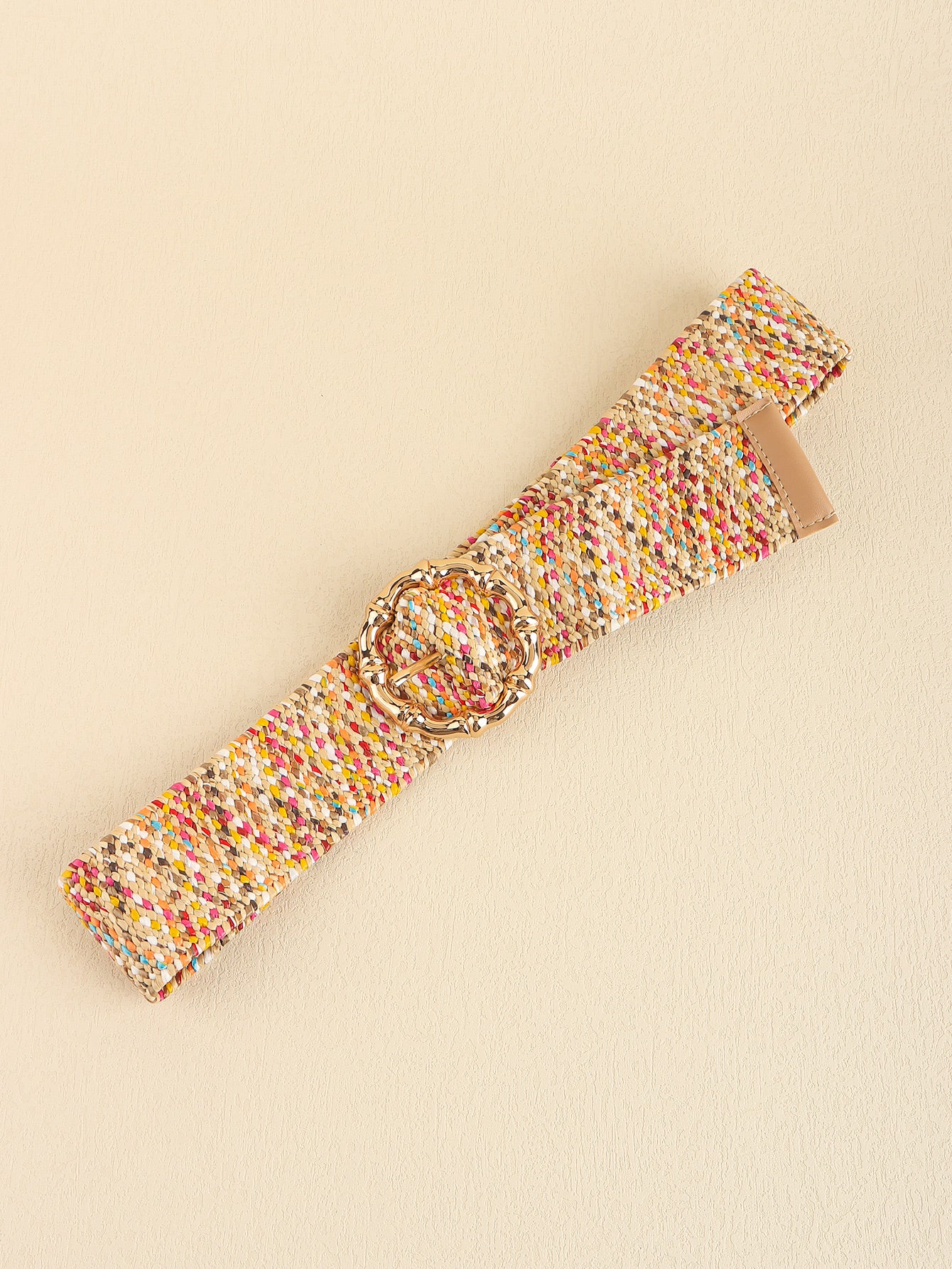Multicolored wide belt with woven fabric and tan clasp buckle strap end