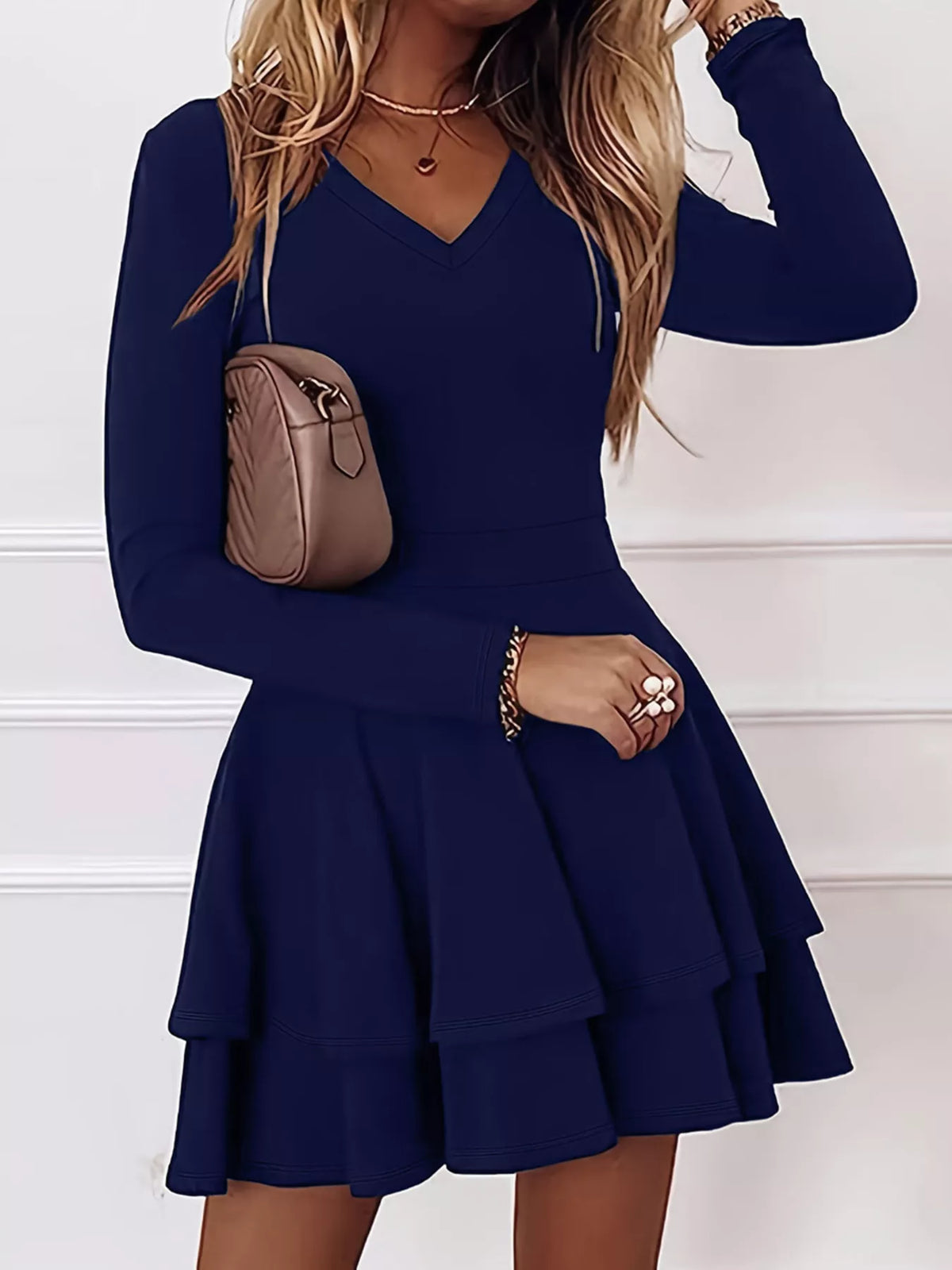 Navy V-neck long sleeve mini dress with layered ruffle hem