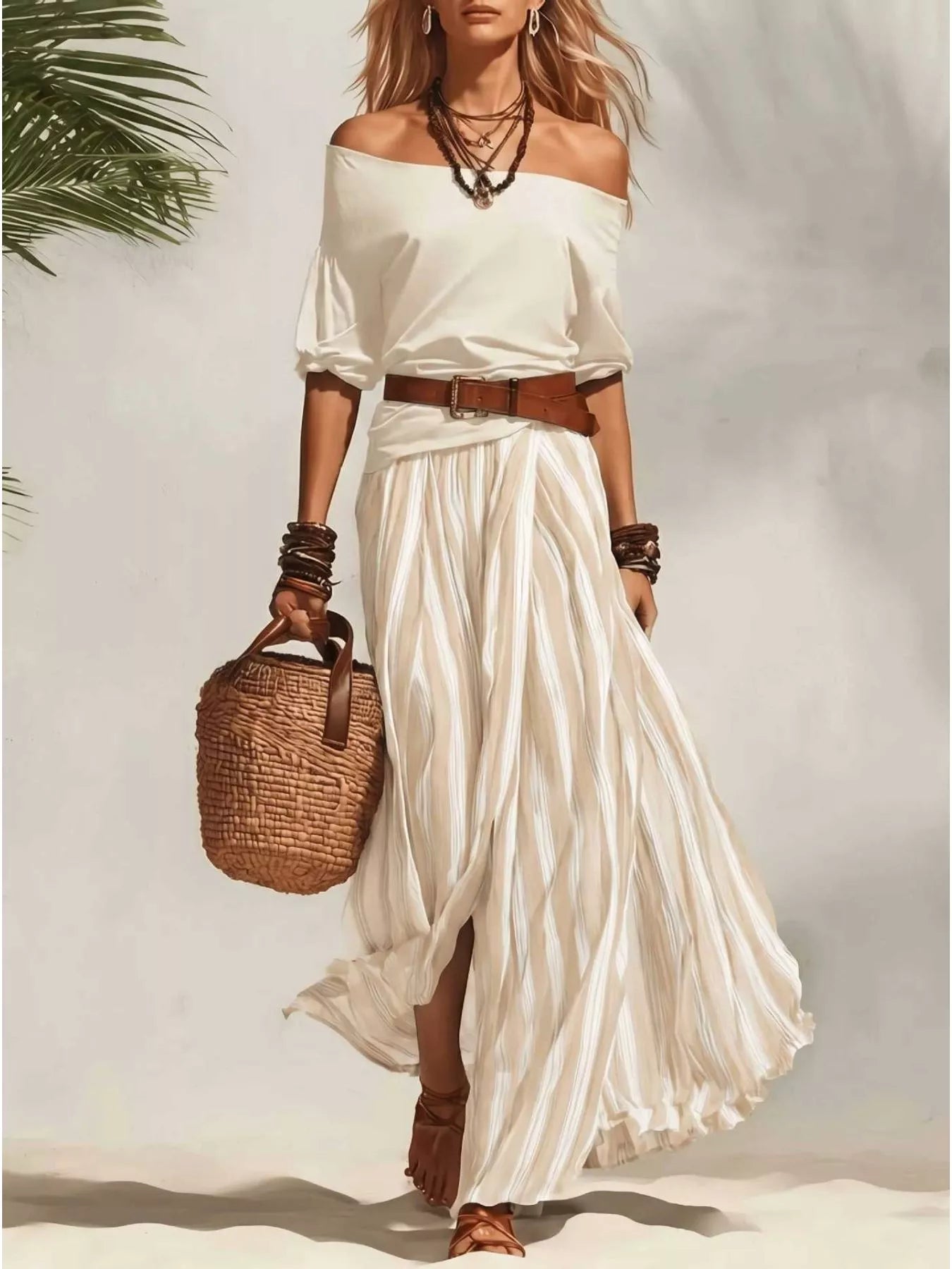 Ivory off-shoulder top and ivory striped maxi skirt set with brown waist belt.