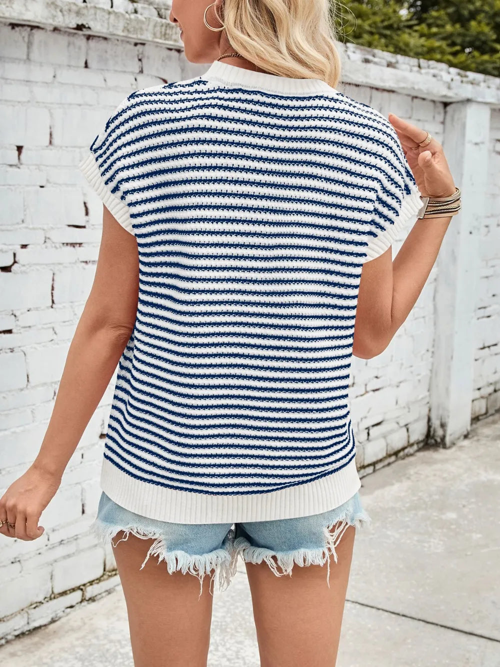 Striped cap-sleeve sweater back view, white and navy horizontal stripes