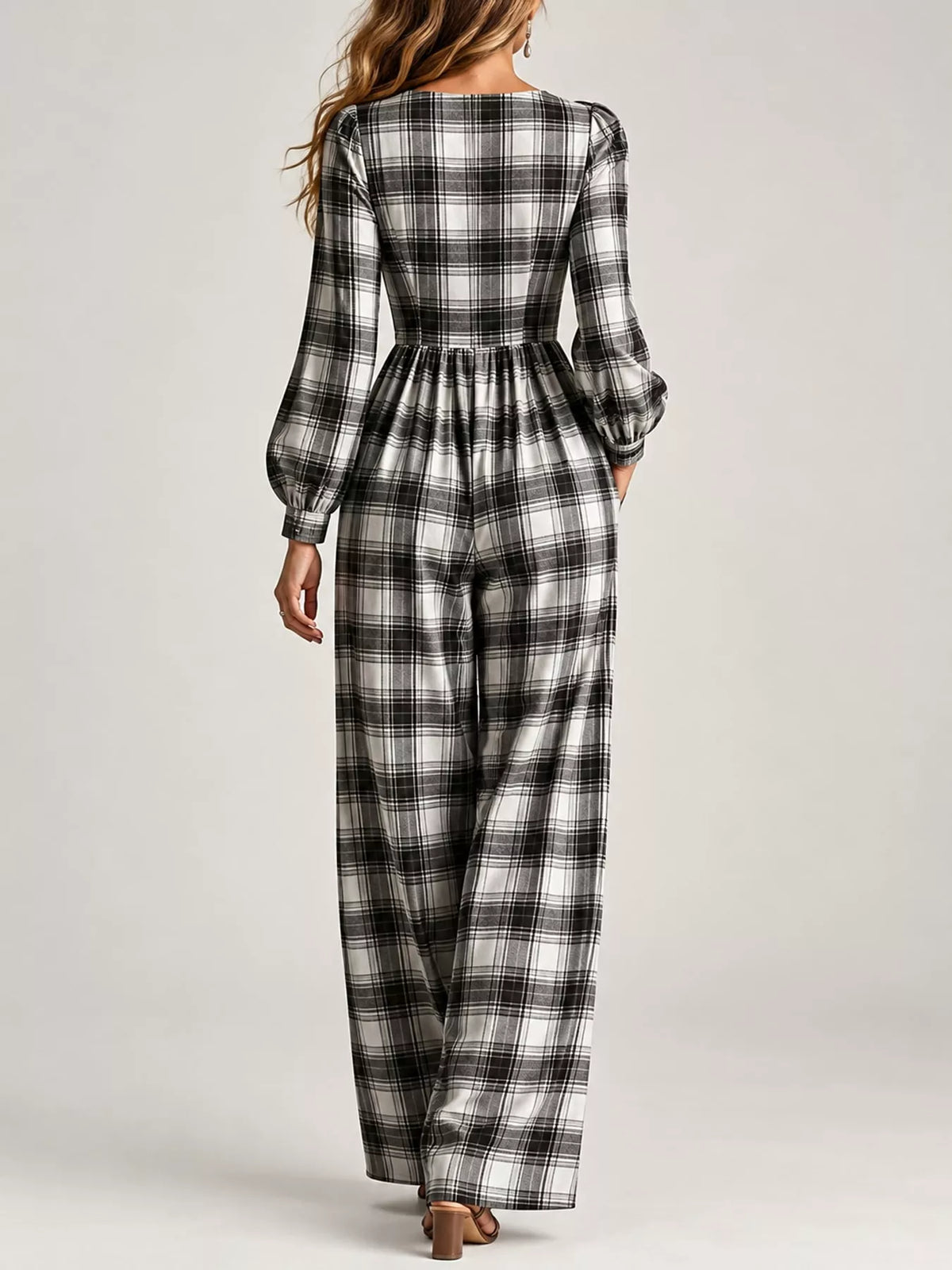 Plaid long-sleeve jumpsuit with square back and gathered waist, black and white