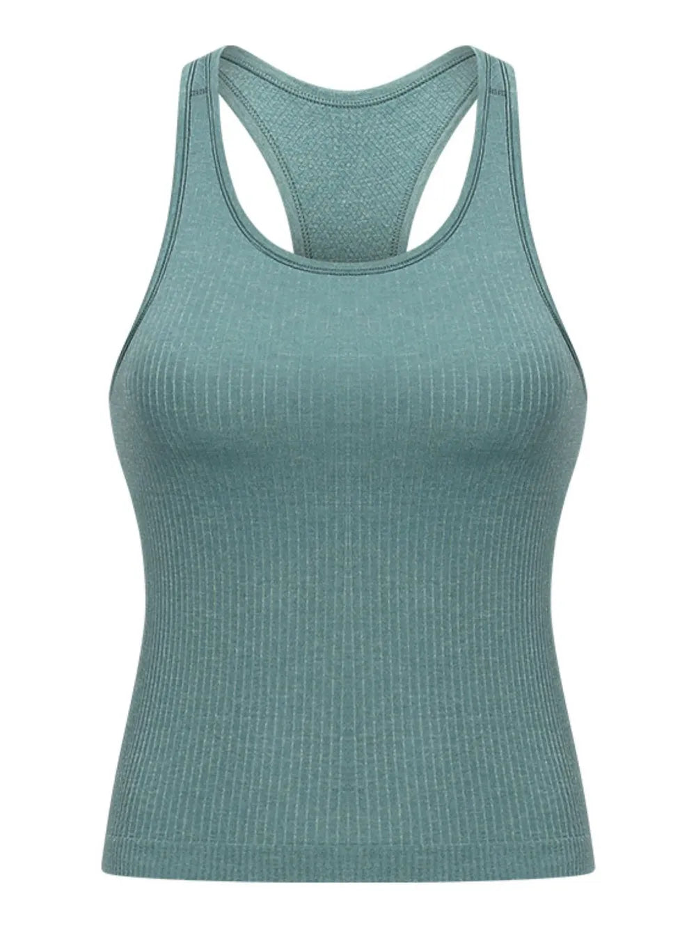 Turquoise racerback active tank top with round neck and sleeveless athletic fit.