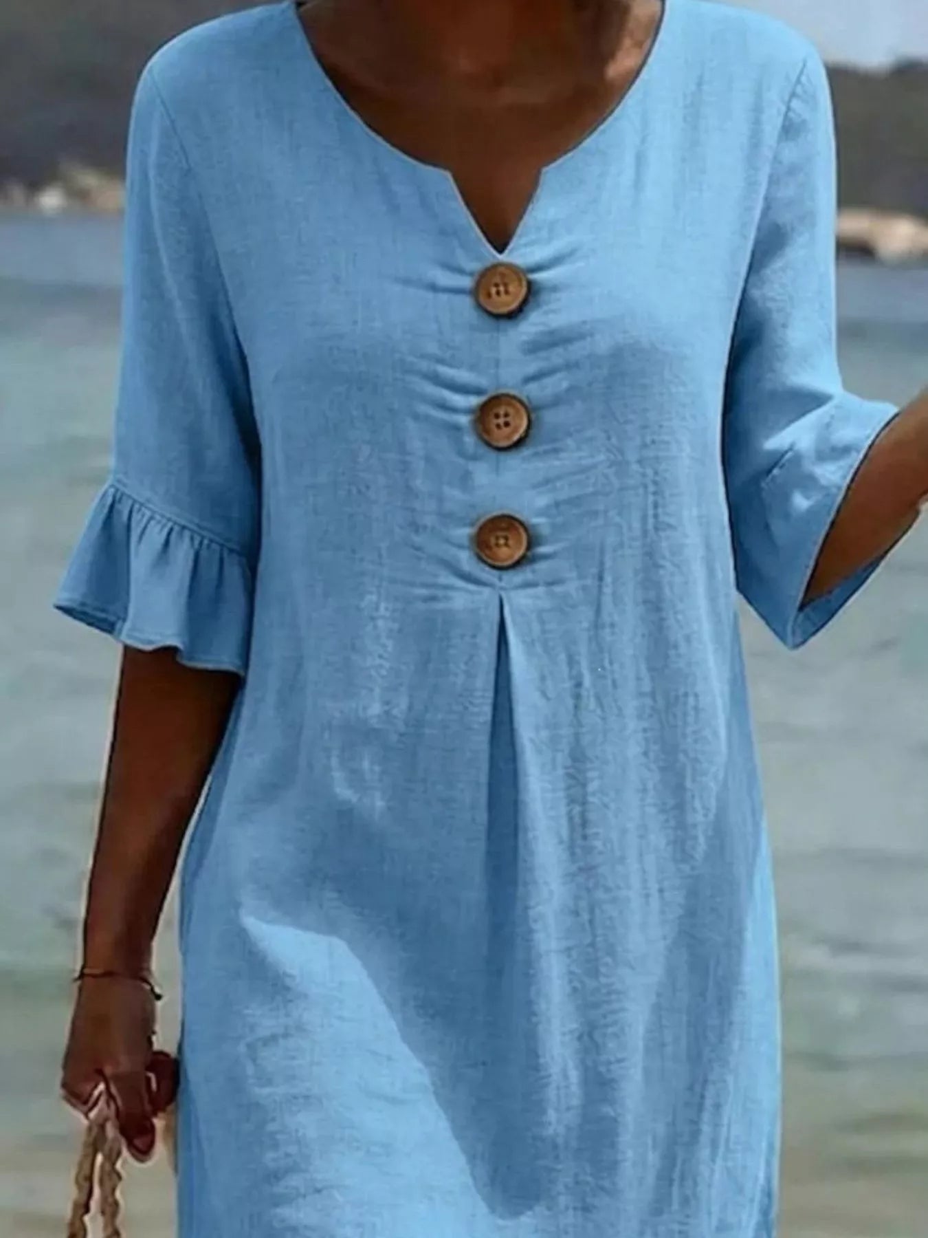 Sky blue midi dress with button placket and ruffle sleeves