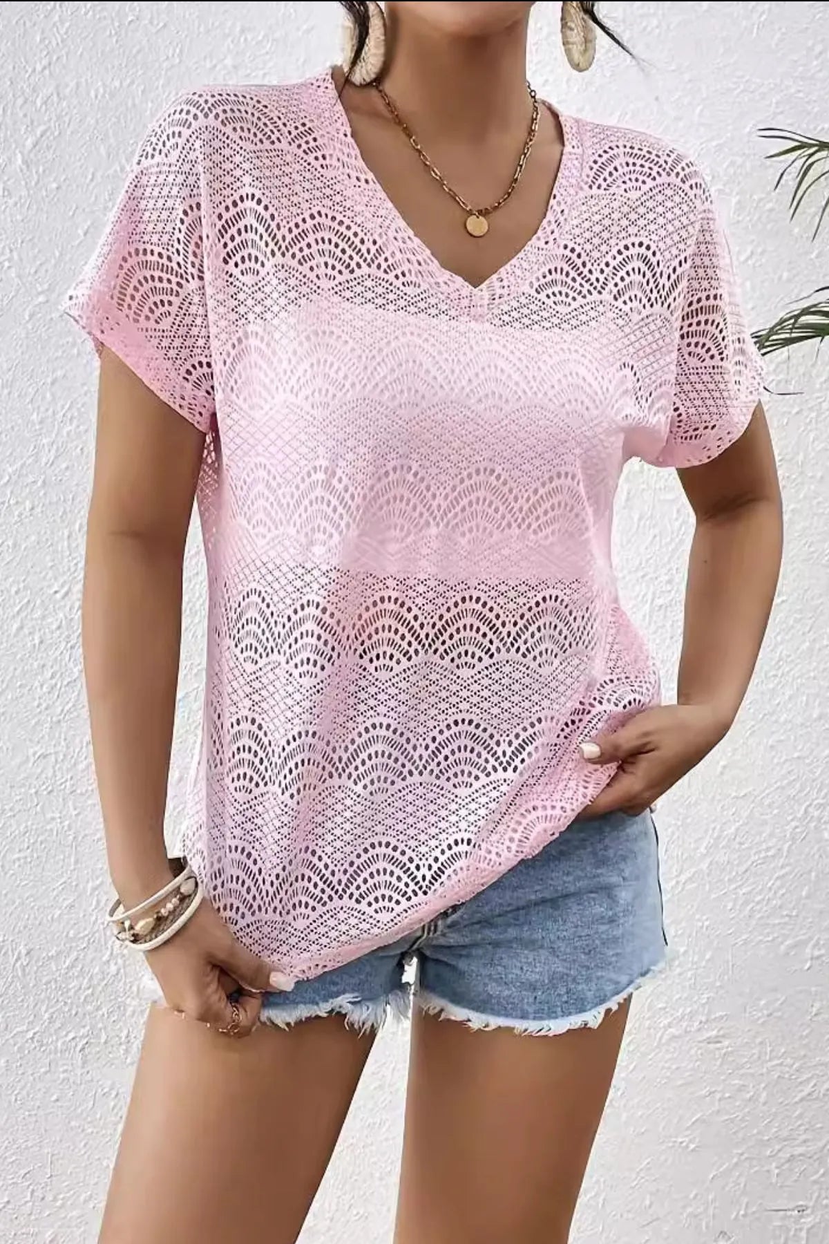 Cedar & Moore Crochet Lace V-Neck Summer Top in pink, sheer openwork.