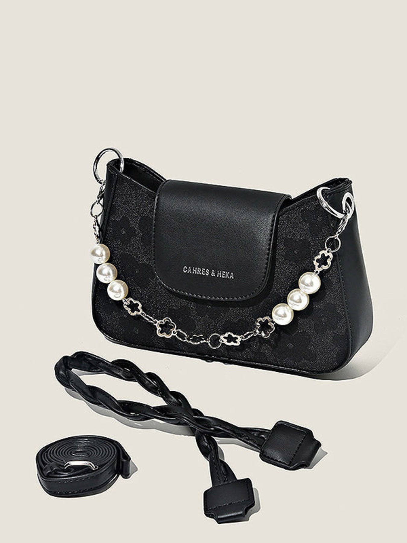 Pearl Chain Decor Mini Shoulder Bag in black PU with detachable braided strap