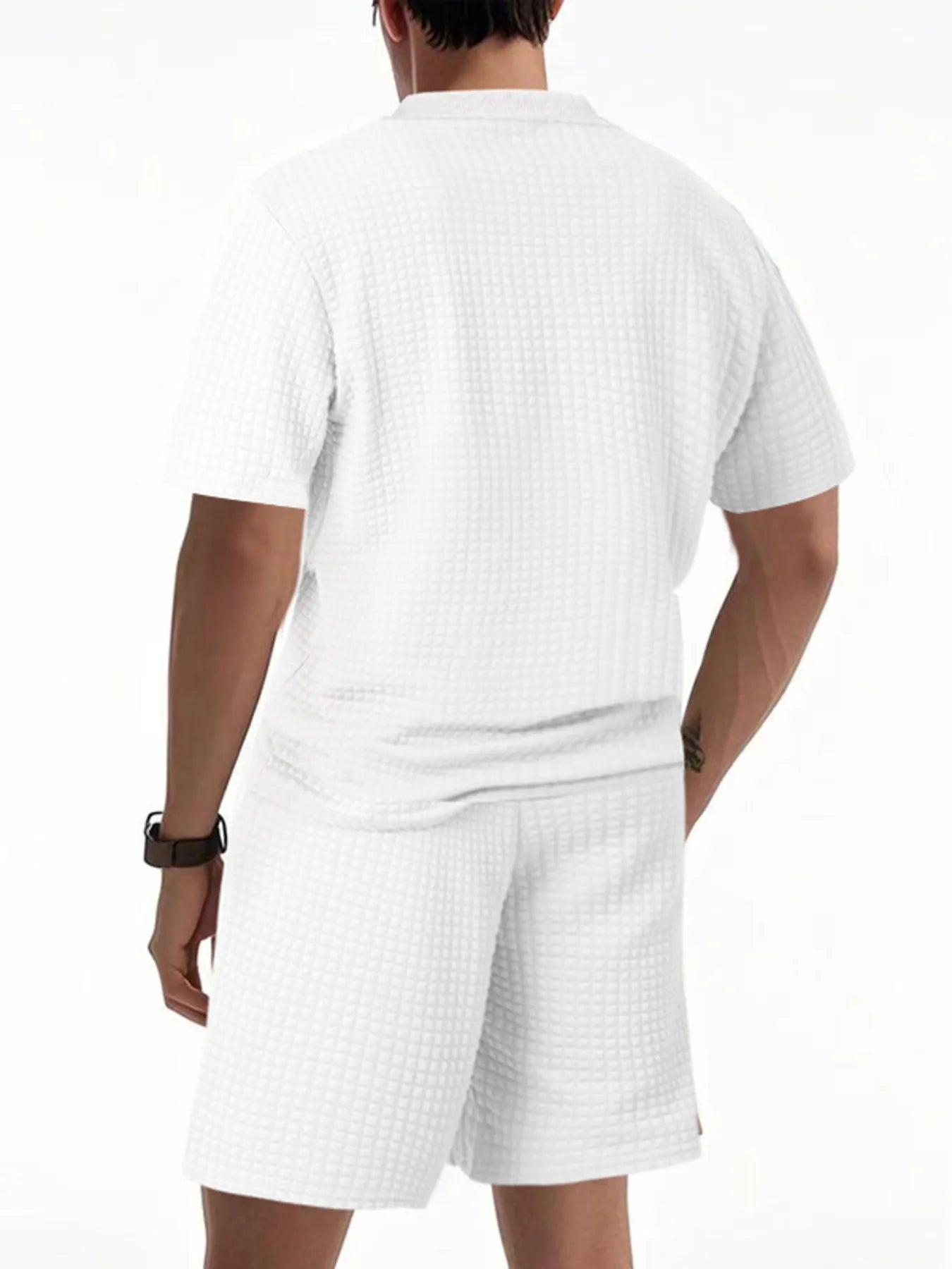 Textured white men's round-neck top and matching shorts set, back view