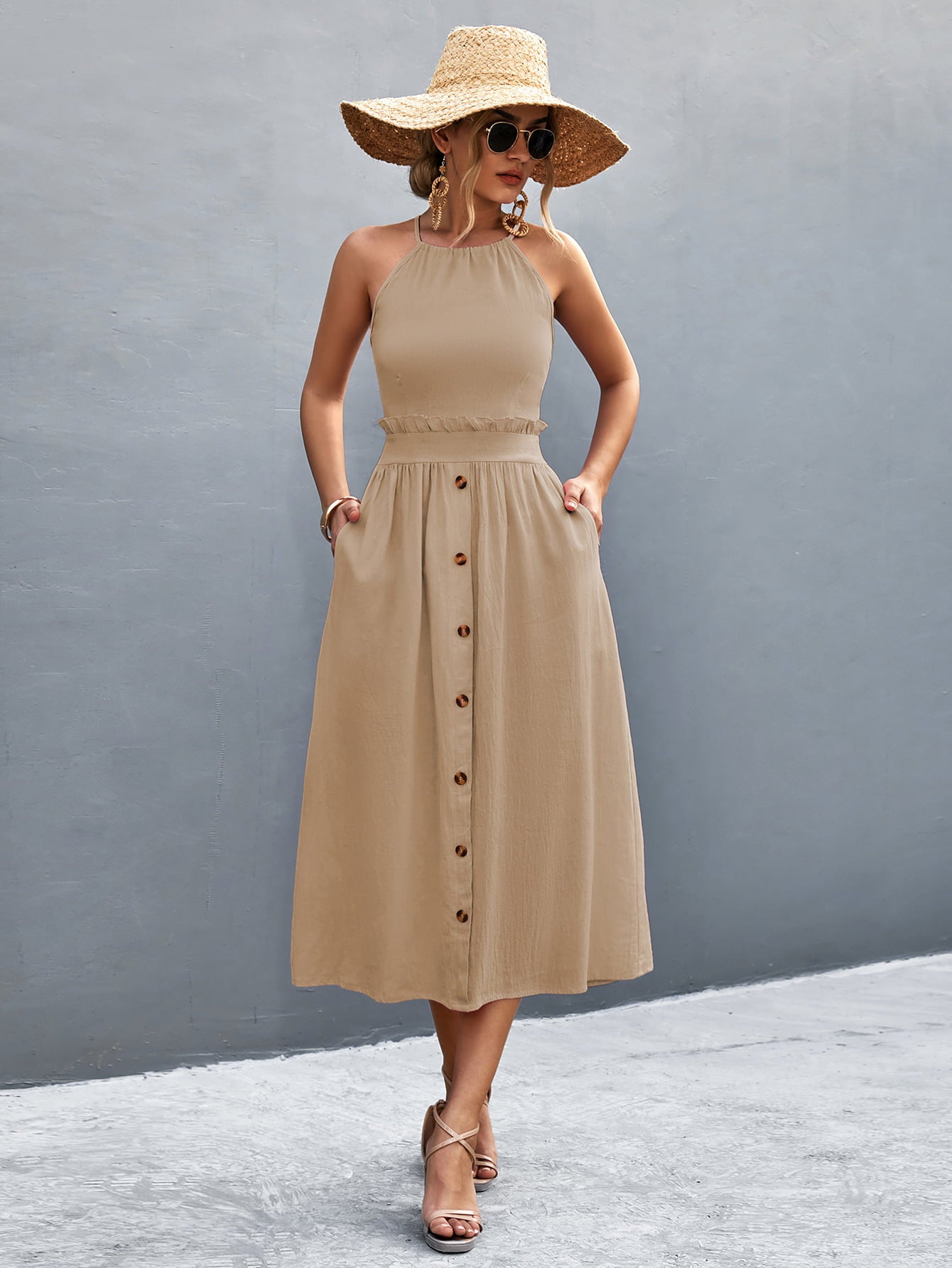 Khaki halter neck frill-trim midi dress with button placket detail.