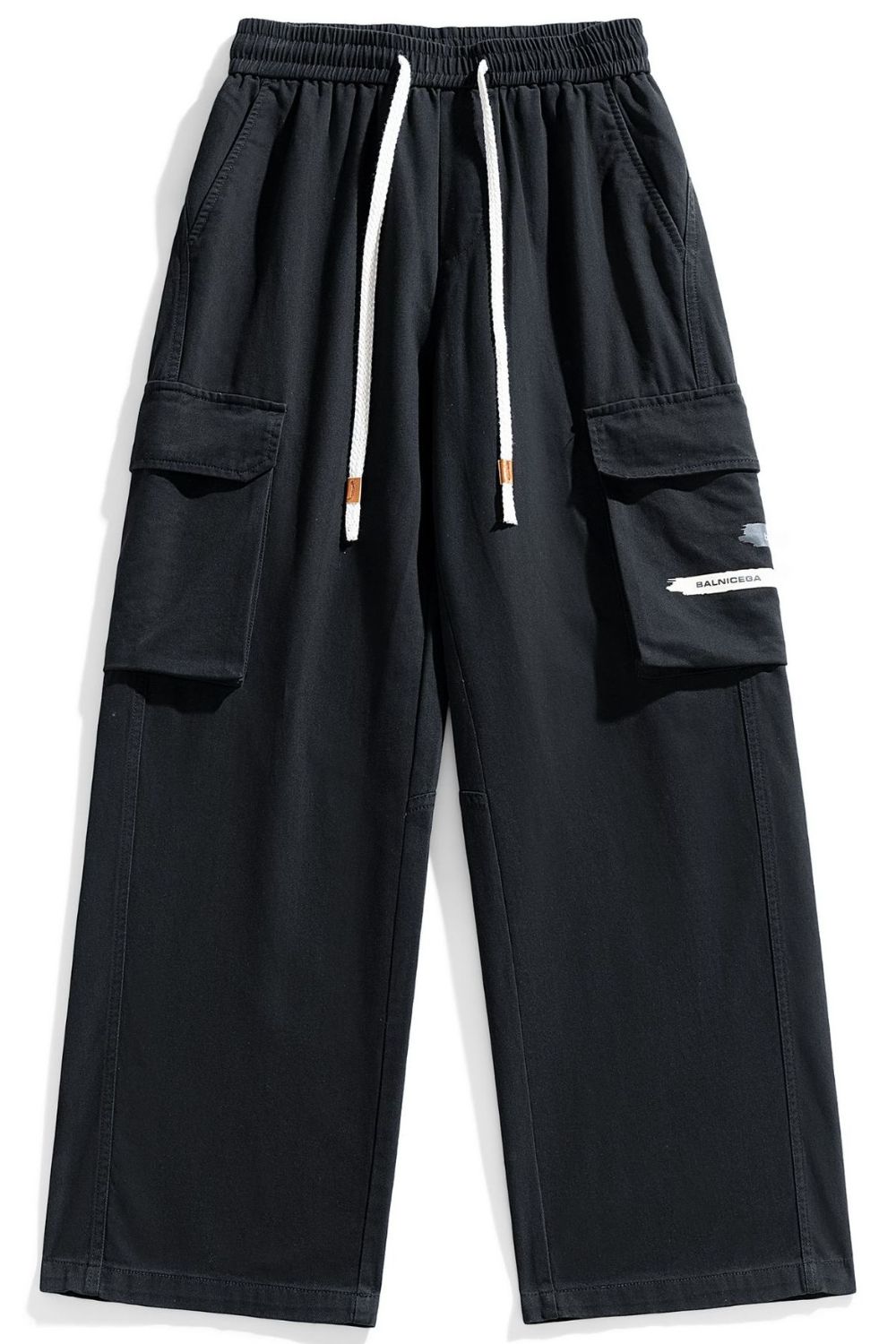Men's loose cargo pants, black, with elastic waist, drawstring, and large cargo pockets
