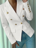 White double-breasted lapel blazer with gold decorative button details and flap pockets