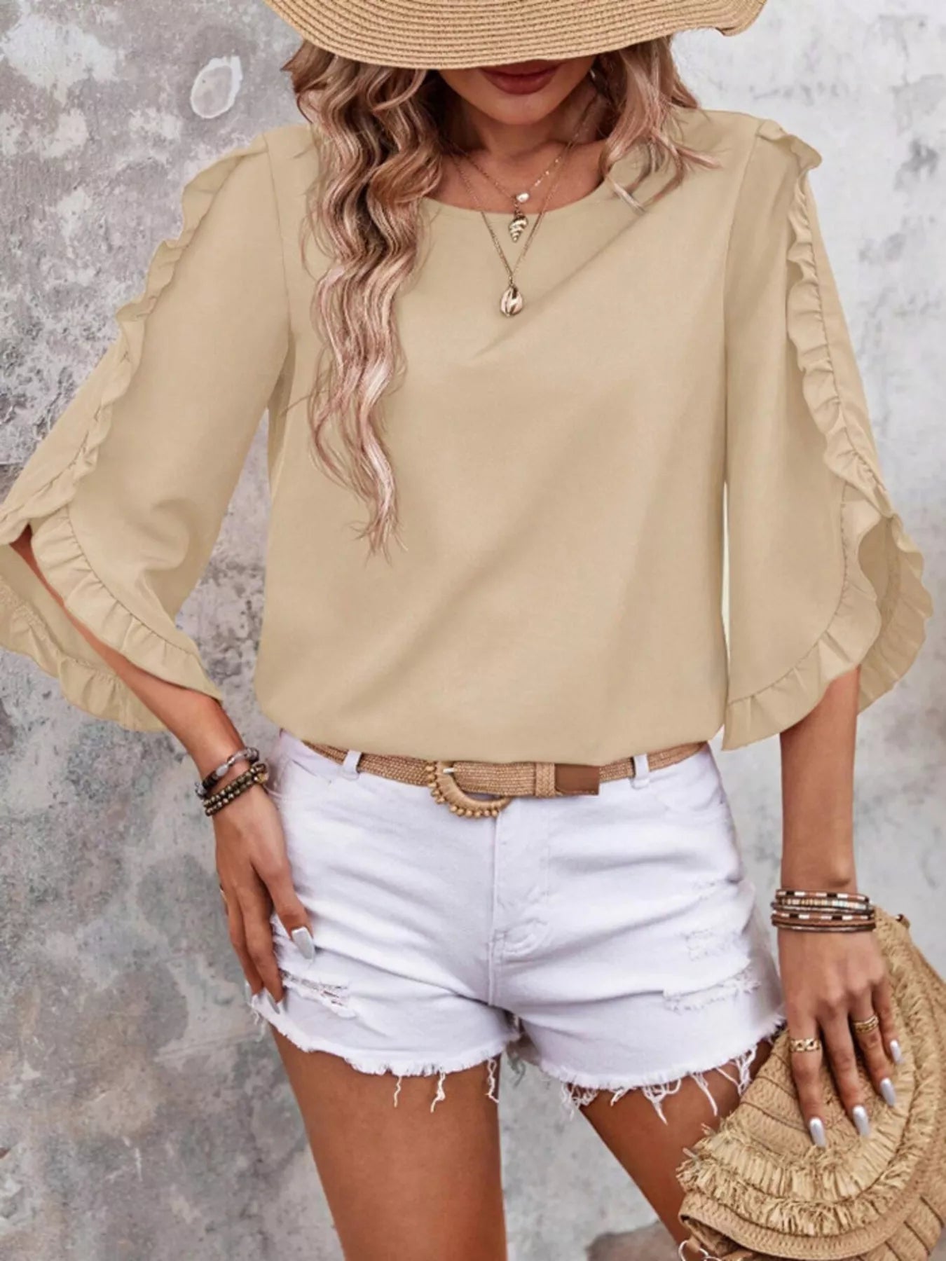 Ruffle Sleeve Solid Color Blouse in beige by Trendsi