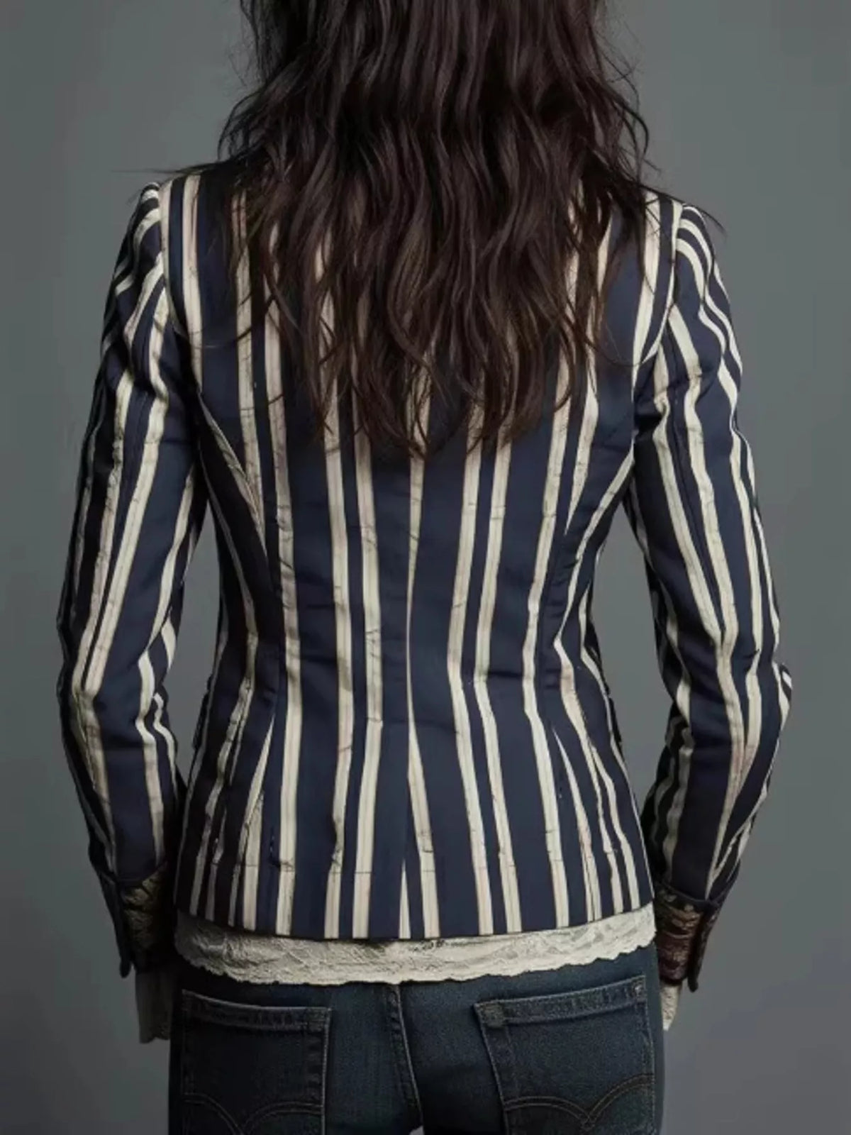 Slim fit striped blazer back view with vertical stripes and lace-trim hem