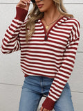 Striped long sleeve hooded sweater in burgundy and white, quarter-button placket