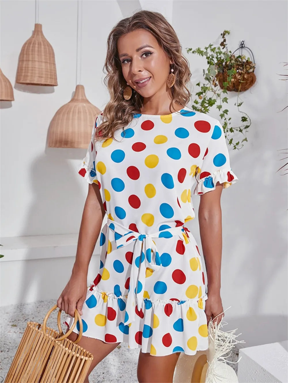 Tied Frill Short Sleeve Mini Dress by Trendsi, white with multicolor polka dots, tie-waist, ruffle hem