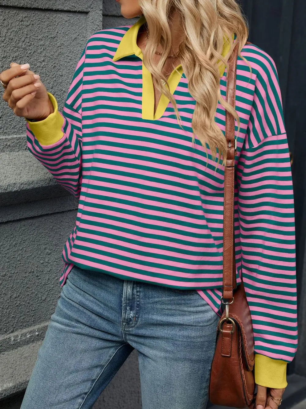 Pink-and-green striped long-sleeve sweatshirt with Johnny-style V-notch collar and yellow cuffs