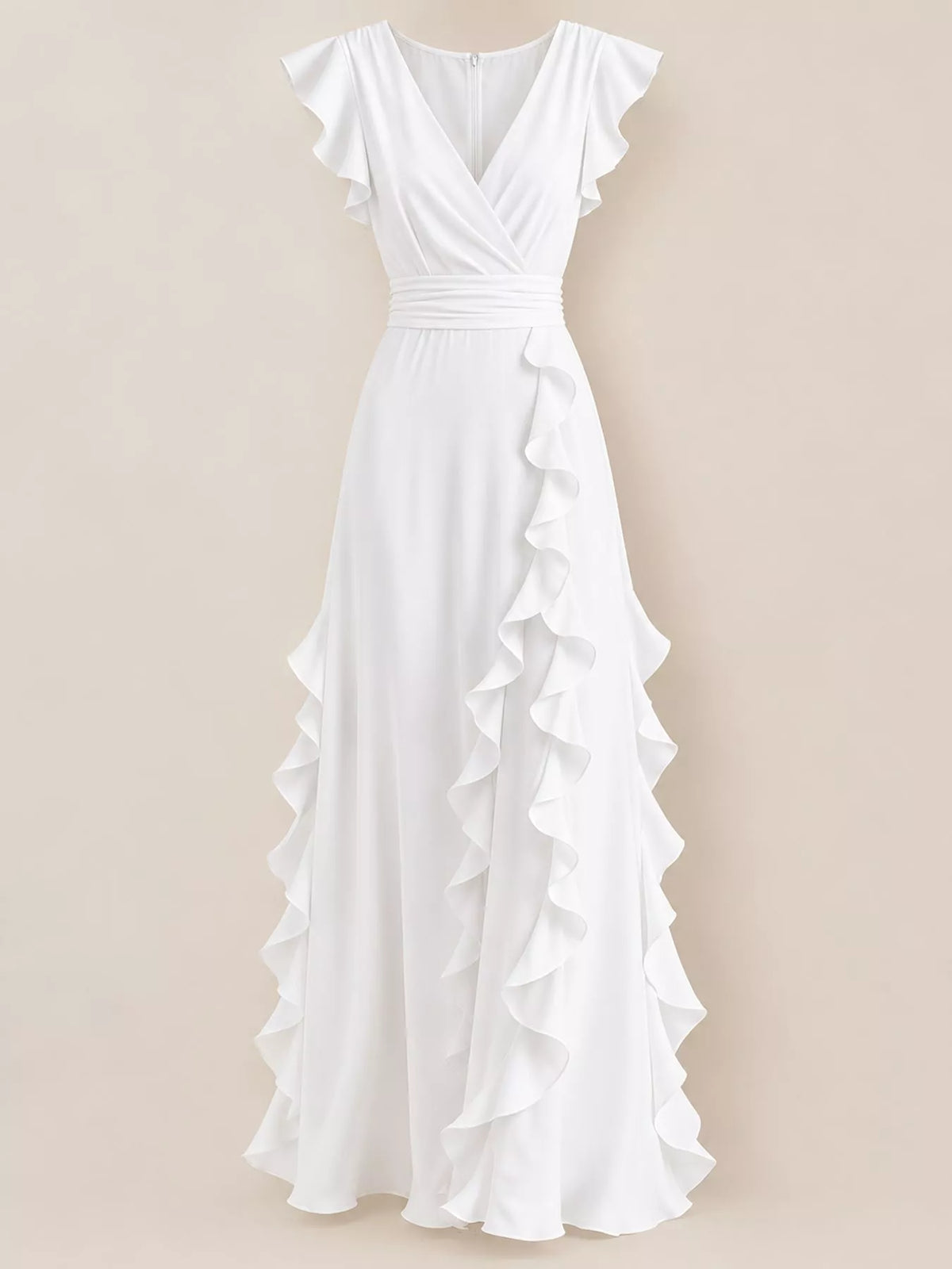 White sleeveless maxi dress with V-neck wrap bodice and cascading tiered ruffles